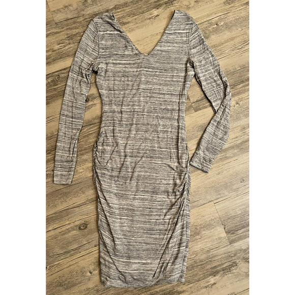 Banana Republic Bodycon Dress XS Heather Gray Stripes Ruched Side V-Neck - Picture 1 of 5